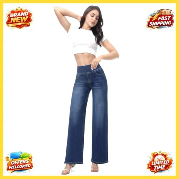 High Waisted Wide Leg Jeans, Stretchy Tummy Control, Pull On Straight Leg Denim
